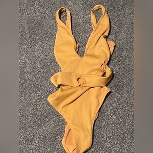NWOT Mustard Yellow Ribbed belted one piece